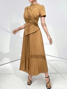 Modelyn Đầm cổ đứng tay ngắn màu trơn thời trang cho nữ - Màu Khaki - Xem 8