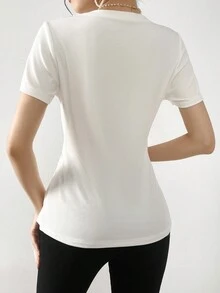 Mulvari T-shirt décontracté pour femme d'été col rond à manches courtes avec lien à la taille couleur unie - Blanc - Voir 2