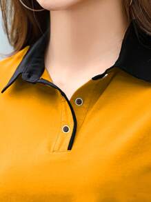 INAWLY 女士夏季拼色 Polo 领短袖休闲 T 恤图案 T 恤女式上衣 - 黃色 - 查看 3