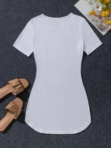 INAWLY Women Summer Solid Color Round Neck Short Sleeve Curved Hem Dress