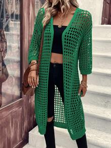 SHEIN LUNE Cardigan cache-maillot pour femmes, couleur unie avec épaules basses et motifs ajourés, parfait pour les vacances à la plage - Vert olive - Voir 5