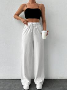 EURMUSE Women's Casual Drawstring Waist Striped Color Block Straight Pants - White - View 4