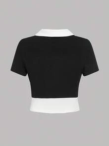 SHEIN Teen Girl Knitted Color Block Half Placket Collared Casual T-Shirt - Black and White - View 2