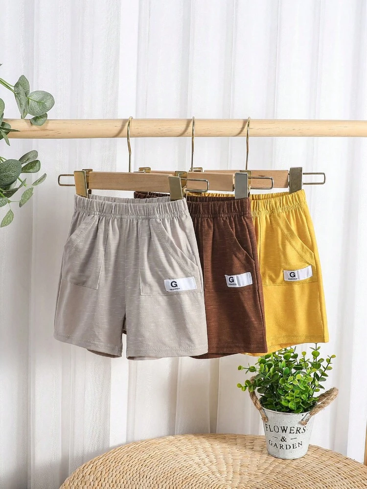 Baby Boy's Solid Color Casual Shorts With Patch Detail, Simple Style For Summer