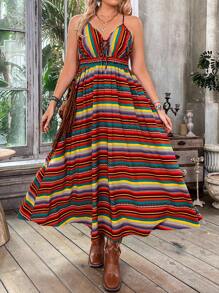 SHEIN Clasi Plus Size Summer Random Floral Print Deep V-Neckline Sleeveless Dress With Cinched Waist - Multicolor - View 1