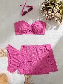 SHEIN Swim Summer Women's Solid Color Bandeau Bikini Set For Vacation, Scover Up Skirt 3pcs - Hot Pink - View 2