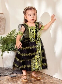 SHEIN Vestido largo de malla cómodo negro con patrón dorado para bebé niña de primavera y verano - Negro - Ver 6