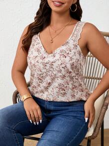 SHEIN Frenchy Plus Size Boho Summer New Floral Print Contrast Lace Tank Top