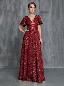 Vestido de fiesta para mujer con escote pronunciado en V, manga de mariposa y lentejuelas - Burdeos - Ver 3