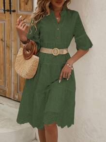 SHEIN LUNE Vestido de playa con cuello de solapa, mangas cortas y tejido con efecto de quemado, con botonadura simple y unicolor para mujer