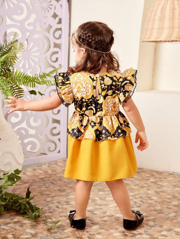 Baby Girls' Spring Summer New Paisley Print Cap Sleeve Dress With Bow, Cute Elegant Gorgeous Daily Casual Dress