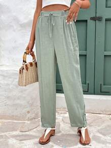 SHEIN Frenchy 胡蘿蔔褲式工裝褲，夏季褲款，透氣亞麻布料，婚禮季節必備，寬鬆休閒款式，法式風格，附蕾絲板 - 駝色 - 查看 5