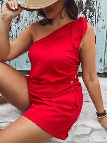 SHEIN VCAY Plus Size Holiday Red One Shoulder Pleated Button Decorated Pocket Shorts Set For Women's Summer - Red - View 4
