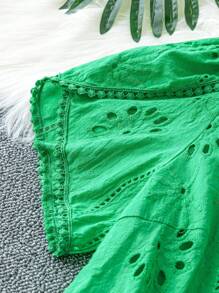 Linhara Plus Size Solid Color Hollow Out Embroidered Short Sleeve Shirt Summer