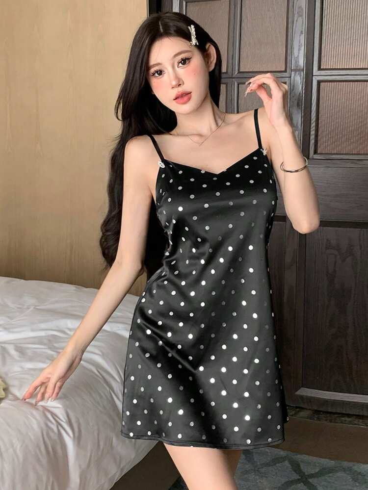 Silver Polka Dot Heart Buckle Decorated Mini Nightdress Pajama