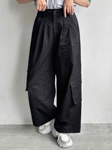 FRIFUL Women's Casual Solid Color Wide Leg Cargo Pants - Black - View 3