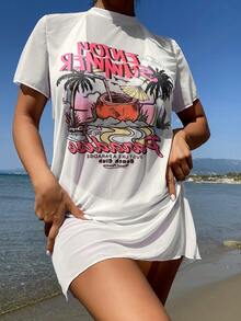 SHEIN Swim 女性卡通和字母印花圓領T恤，配透明上衣 - 白色 - 查看 7