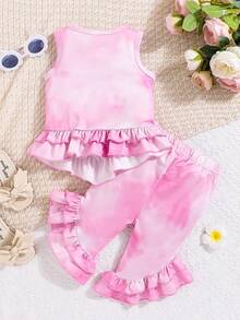 女童夏季裝扮幼兒無袖渐層色上衣和鈴鐺底部花邊褲子套裝 - 淺粉色 - 查看 2