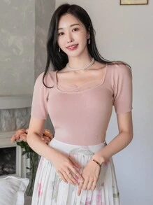 DAZY 女士純色簡潔日常拼接針織上衣 - 粉色 - 查看 1