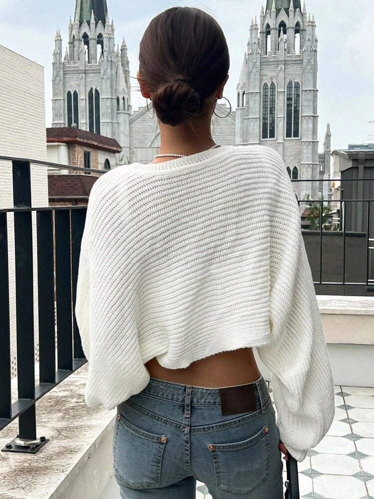 Casual Solid Color Batwing Sleeve Cropped Cardigan,Long Sleeve Tops,Fall Clothes