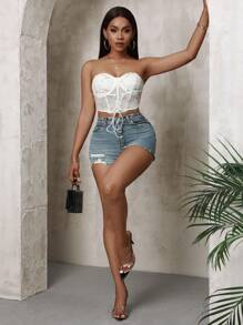 Zolique Top de corsé bordado en 3D con flores y tirantes - Blanco - Ver 5