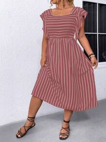 SHEIN LUNE Plus Size Striped Colorblock Ruffle Hem Vacation Casual Dress