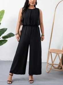 SHEIN LUNE Plus Size Black Sleeveless Jumpsuit With 2 In 1 Design For Summer Casual Outfits - Black - View 4