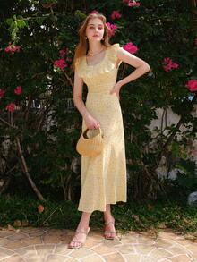 V-Neck Floral Printed Ruffle Hem Elegant Summer Dress - Yellow - View 7