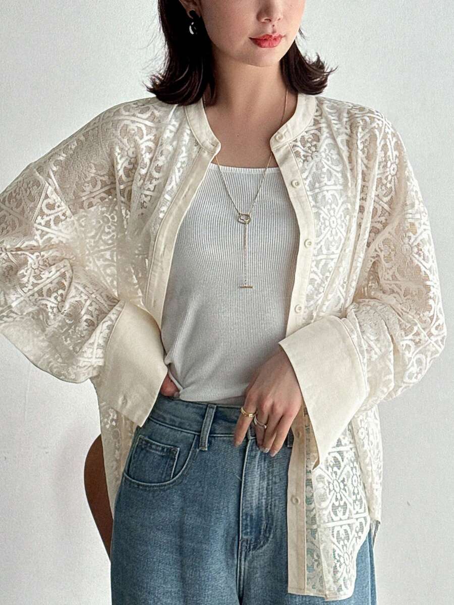 FRIFUL 女式单排扣休闲宽松短袖夏季衬衫长袖上衣 - 杏色 - 查看 1