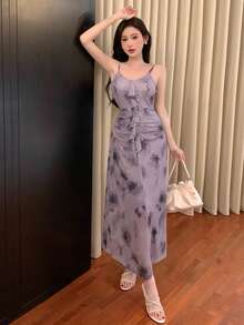 DAZY 女士时尚扎染印花吊带连衣裙舞会礼服优雅女士连衣裙花卉 - 紫色 - 查看 6