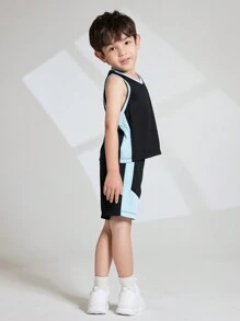 Young Boys' V-Neck Contrast Trim Tank Top And Shorts Summer Sports Outfits - Black - View 5