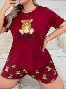DUSKBASE Bộ đồ ngủ ngắn tay và quần đùi in chữ Plus Size & Gấu hoạt hình cho mùa hè - Màu Đỏ Sâu - Xem 4
