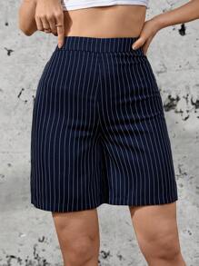 SHEIN Essnce Street-Style Ladies' Casual Elastic Waist Side Zipper Striped Shorts