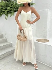 SHEIN Essnce Vestido de gasa plisado con tirantes de espagueti para citas o bodas de primavera/verano