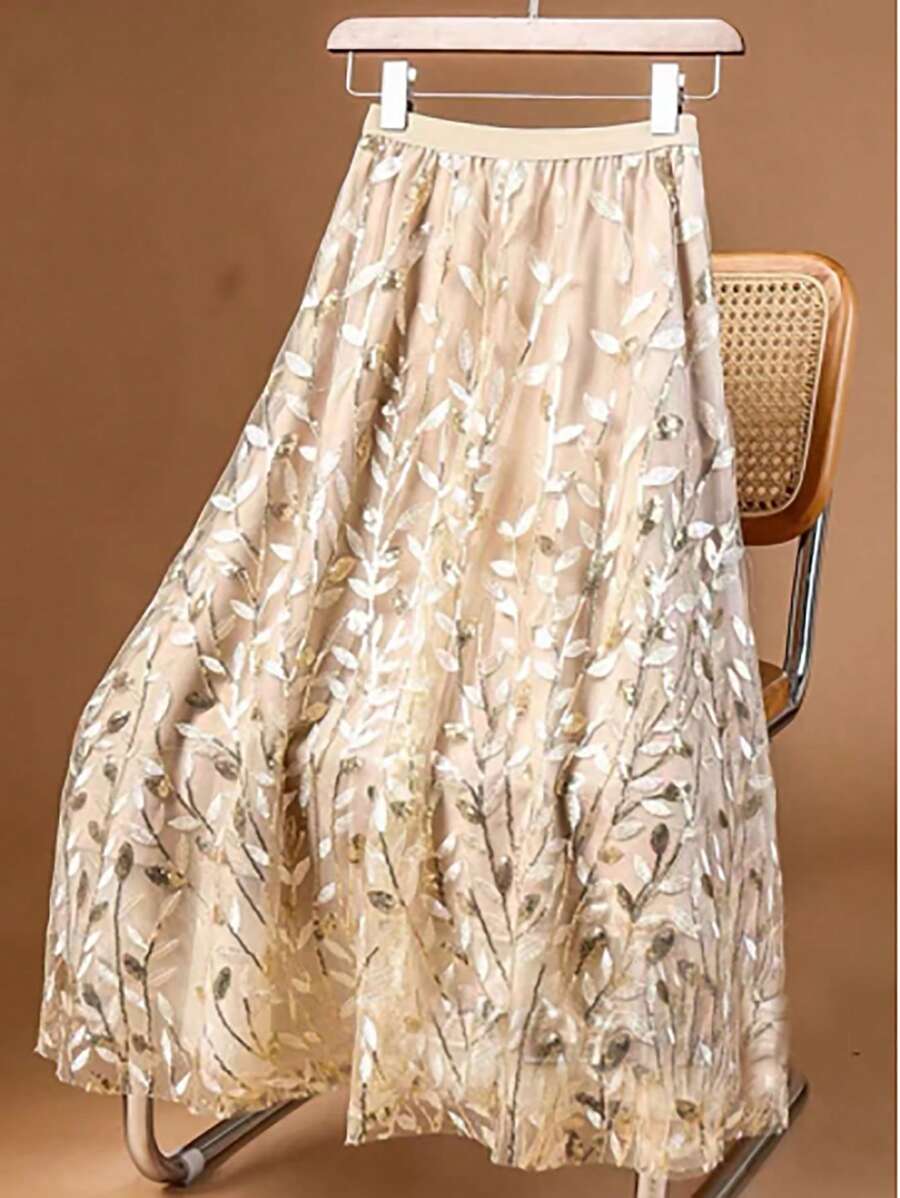 SHEIN Unity Váy Midi Sequin 2 màu sáng bóng thời trang cổ điển mạ vàng cho nữ - Màu be - Xem 1