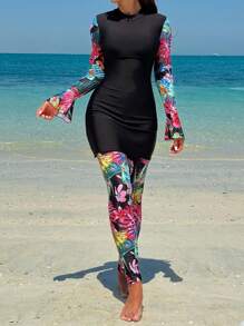 Swim Mulvari Women Printed Splicing Flared Sleeve Burkini Set - Multicolor - View 5