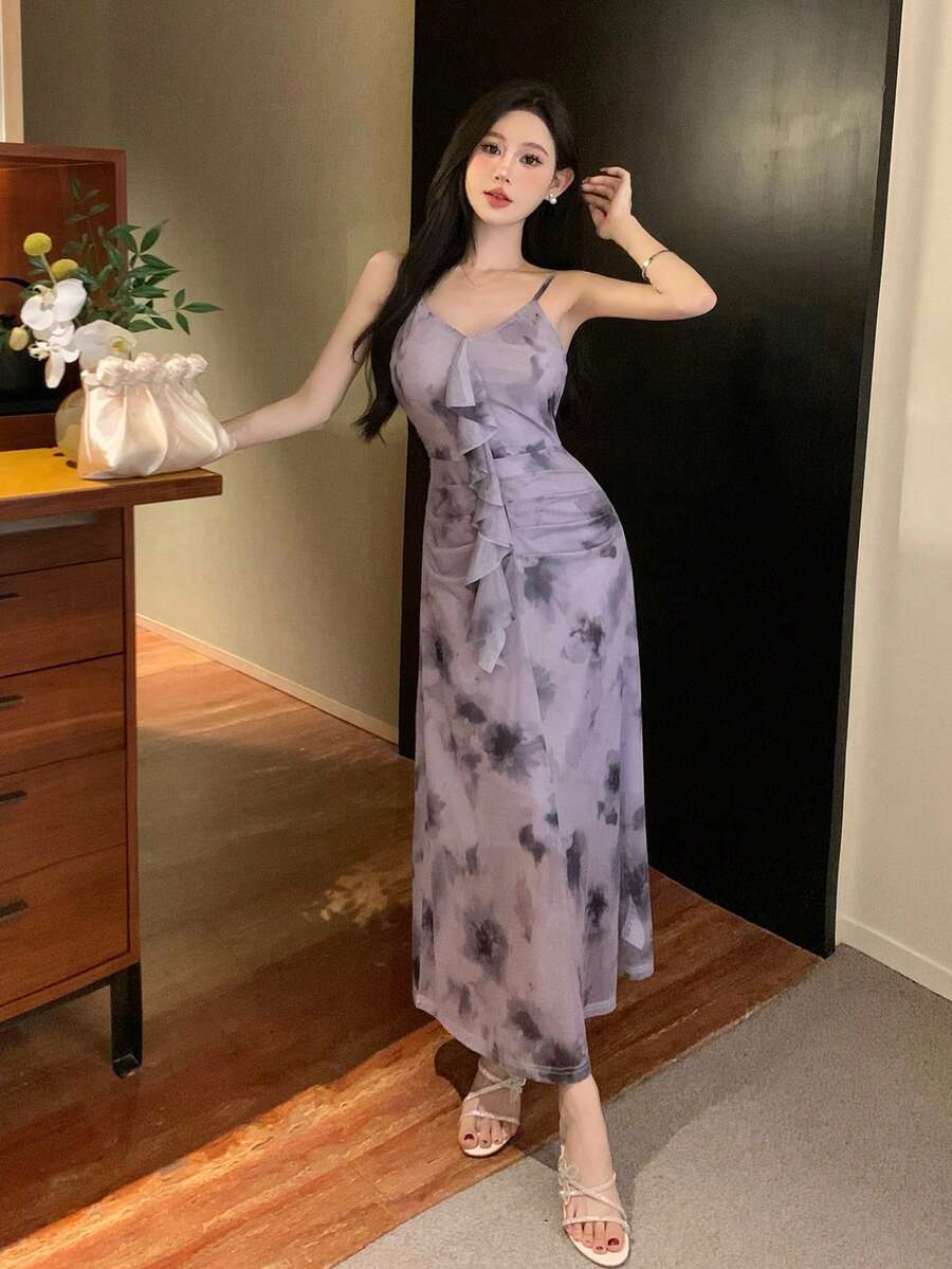 DAZY 女士时尚扎染印花吊带连衣裙舞会礼服优雅女士连衣裙花卉 - 紫色 - 查看 1