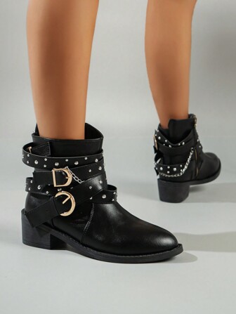 Grunge Punk Botas asimétricas tipo tubo corto de tacón alto con diseño de correa con remaches, estilo retro europeo y americano, de aspecto de caballero apuesto y de estilo punk oscuro y fresco