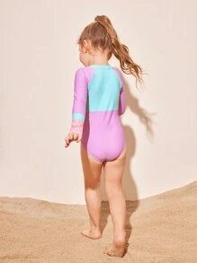 SHEIN Young Girl Colorblock Zipper Halter Long Sleeve Casual One-Piece Swimsuit - Multicolor - View 2