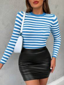 EURMUSE Women's Round Neck Stripe Pattern Ribbed Sweater - Baby Blue - View 3