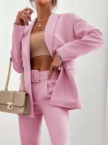 EURMUSE Áo khoác và quần dài tay đơn màu trơn dành cho nữ, Bộ đồ đi làm hàng ngày - Màu Hồng baby - Xem 3