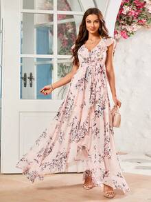 Women's Floral Print Ruffle Trim Asymmetrical Hem Party Dress - Pink - View 5