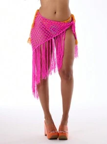 Musera Resort Beach Crochet Knit Tassel Skirt, Summer Solid Color Sweater Skirt Beach ResortHoliday - Hot Pink - View 1