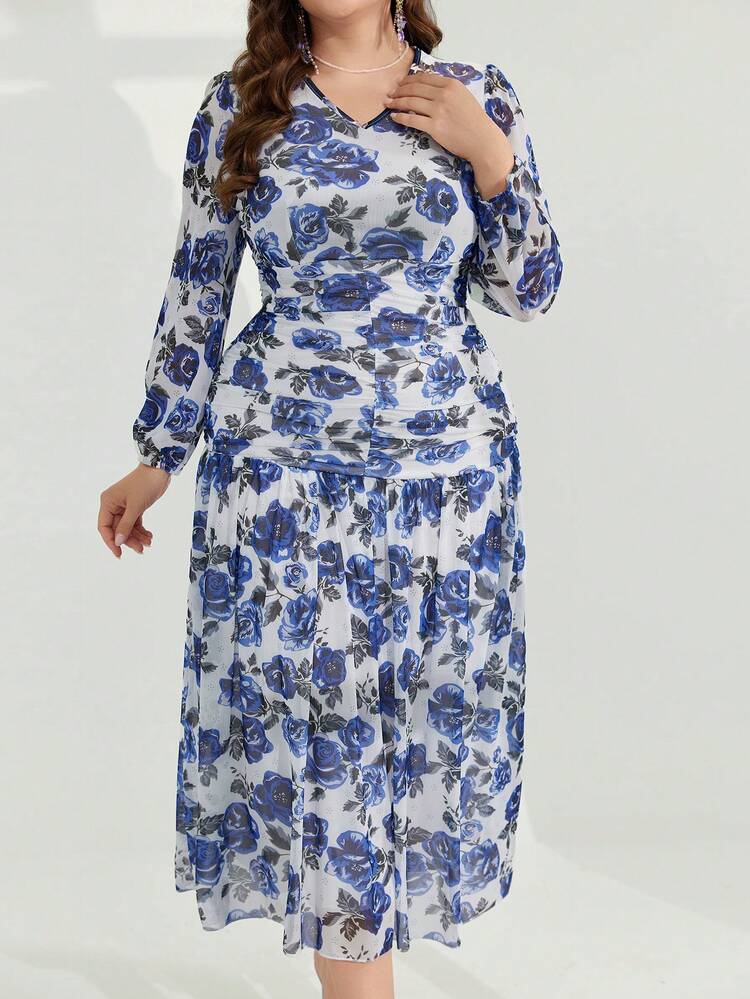 Plus Size Women's Floral Printed Long Sleeve Dress