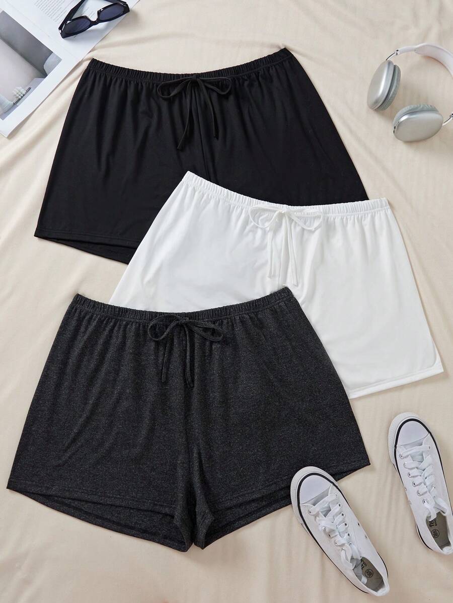 3pcs/Set Plus Size Sleep Shorts In White, Grey And Black Colors, Can Be Worn Outdoors