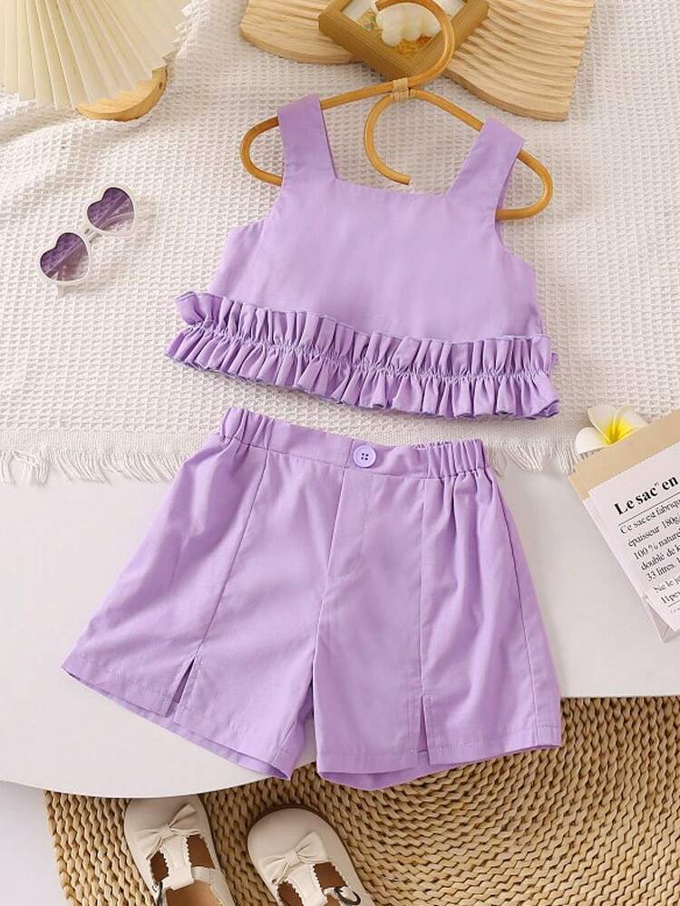 Young Girl Woven Monochromatic Square Neck Sleeveless Shirt With Ruffle Trim And Shorts Set