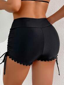 SHEIN Swim 實色海灘度假比基尼下褲，帶拉繩和貝殼裝飾 - 黑色 - 查看 2