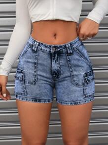 SHEIN ICON 女士休閒洗水牛仔短褲，附有口袋設計 - 深色水洗藍 - 查看 5