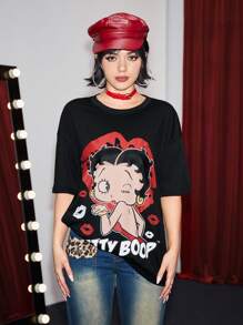 Betty Boop | ROMWE Casual Cartoon Character And Letter Printed Loose Oversized T-Shirt For Summer - Black - View 2