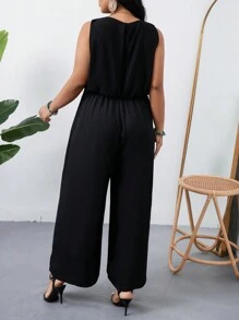 SHEIN LUNE Plus Size Black Sleeveless Jumpsuit With 2 In 1 Design For Summer Casual Outfits - Black - View 2